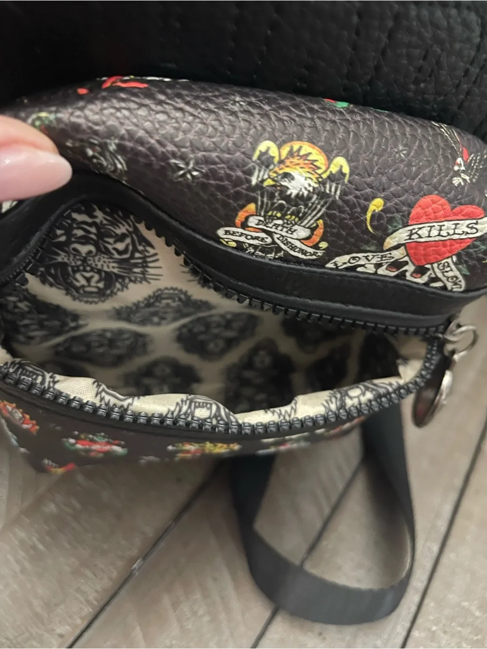 Ed Hardy Black Mini Sling Bag with Multicolor Tattoo Motifs